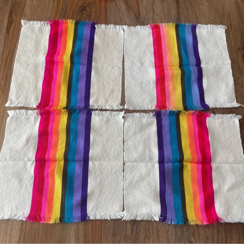 Striped Rainbow Fringe Edge Placemat Square Corners Set of 4 Picnic Retro Bright - Picture 5 of 13